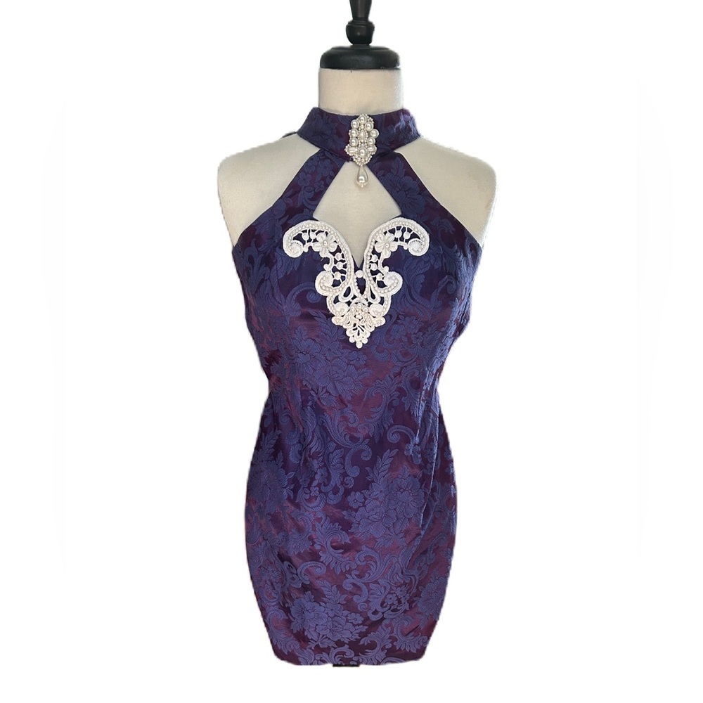 Vintage Gunne Sax Dress Purple Damask 90s Mermaid Iridescent Sz  3/4 Lace Pearl